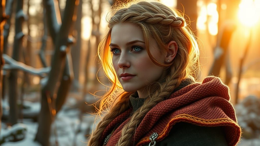 Ginger in Celtic Cloak, Winter Woods Portrait