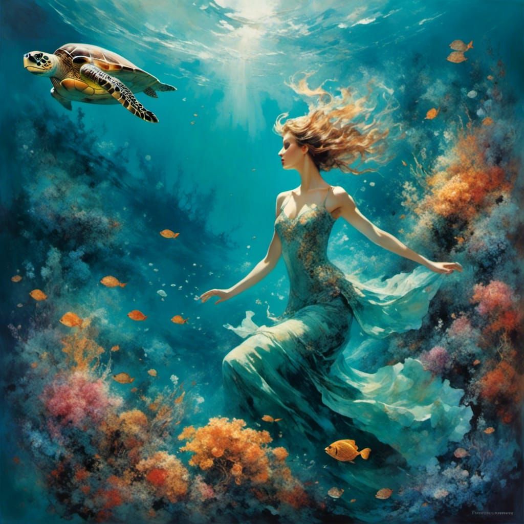 Sea Turtle and Mermaid Encounter in Bioluminescent Hues