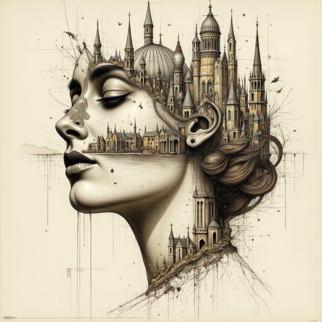 Surreal Woman Portrait Fused With Cathedral Towers