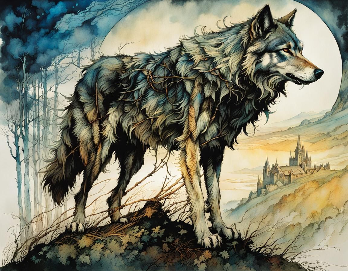 Medieval Anthropomorphic Wolf in Arthur Rackham Style