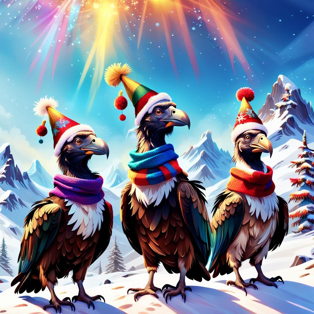 Festive Vultures on Snowy Mountain in Oil Painting Style