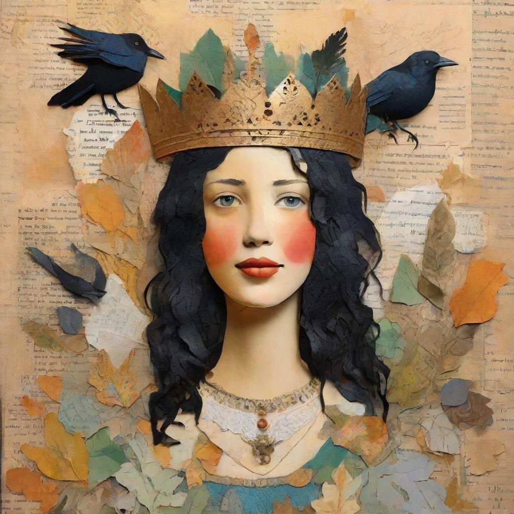 Smiling Princess with Raven in Mixed Media Collage
