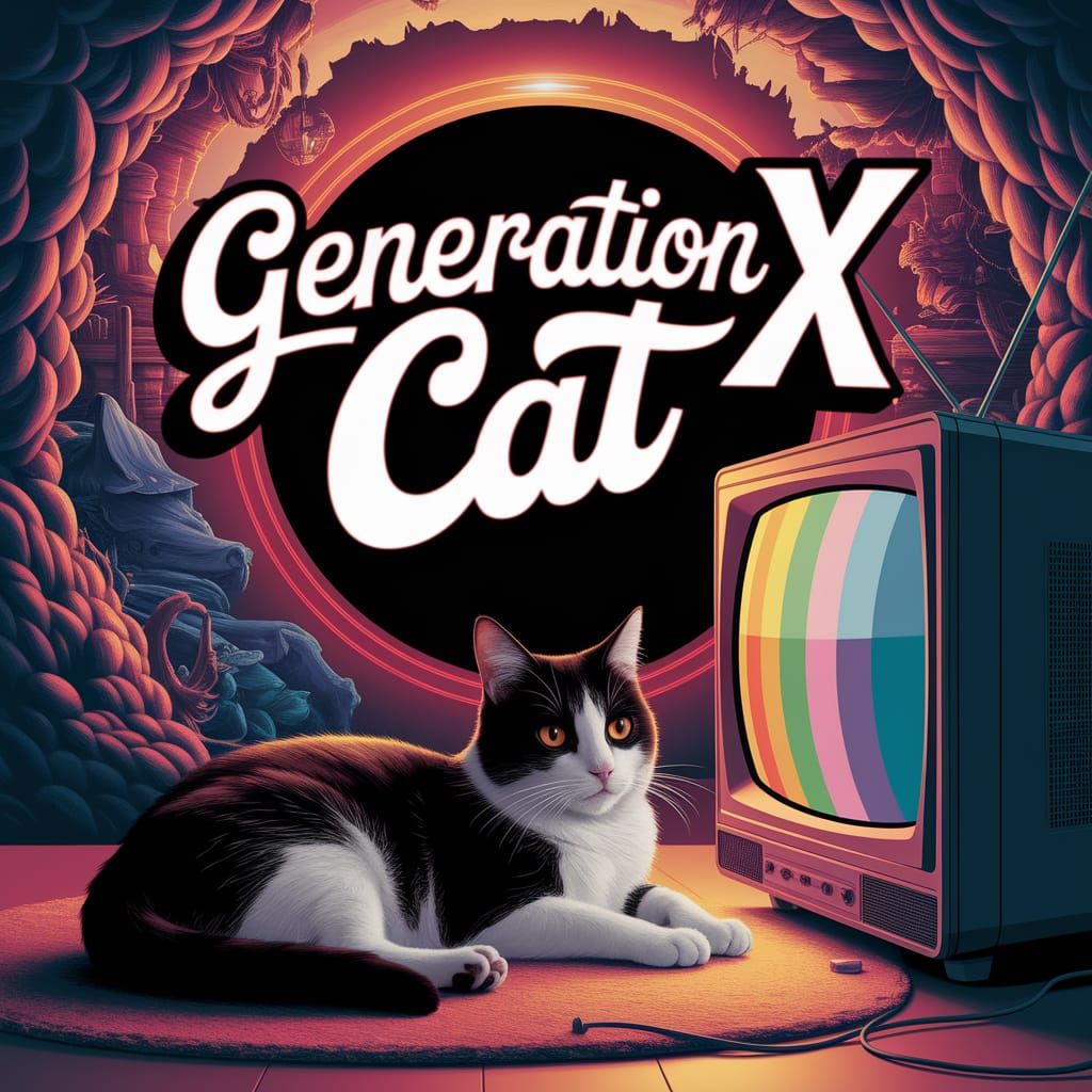 Retro Cat Watching Television in Fantasy Landscape