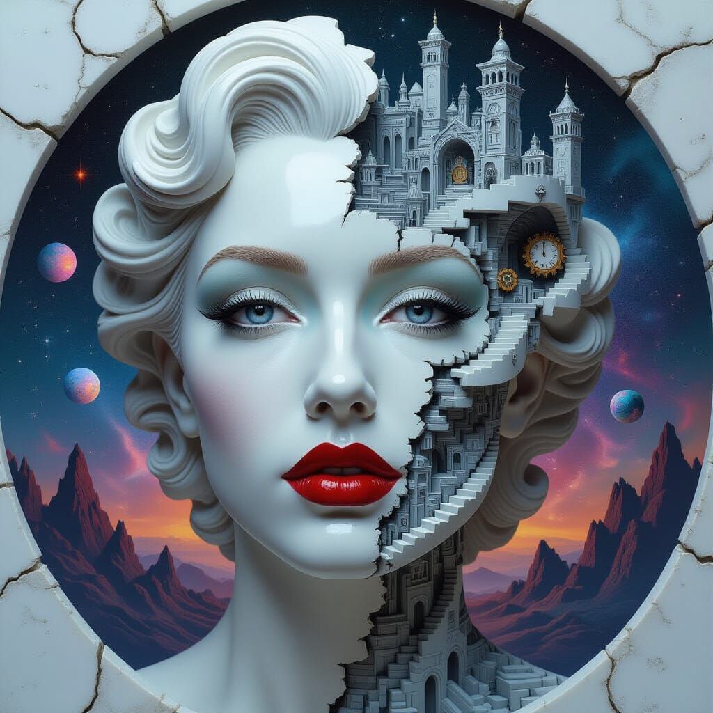 Surreal Porcelain Portrait with Labyrinth Cityscape