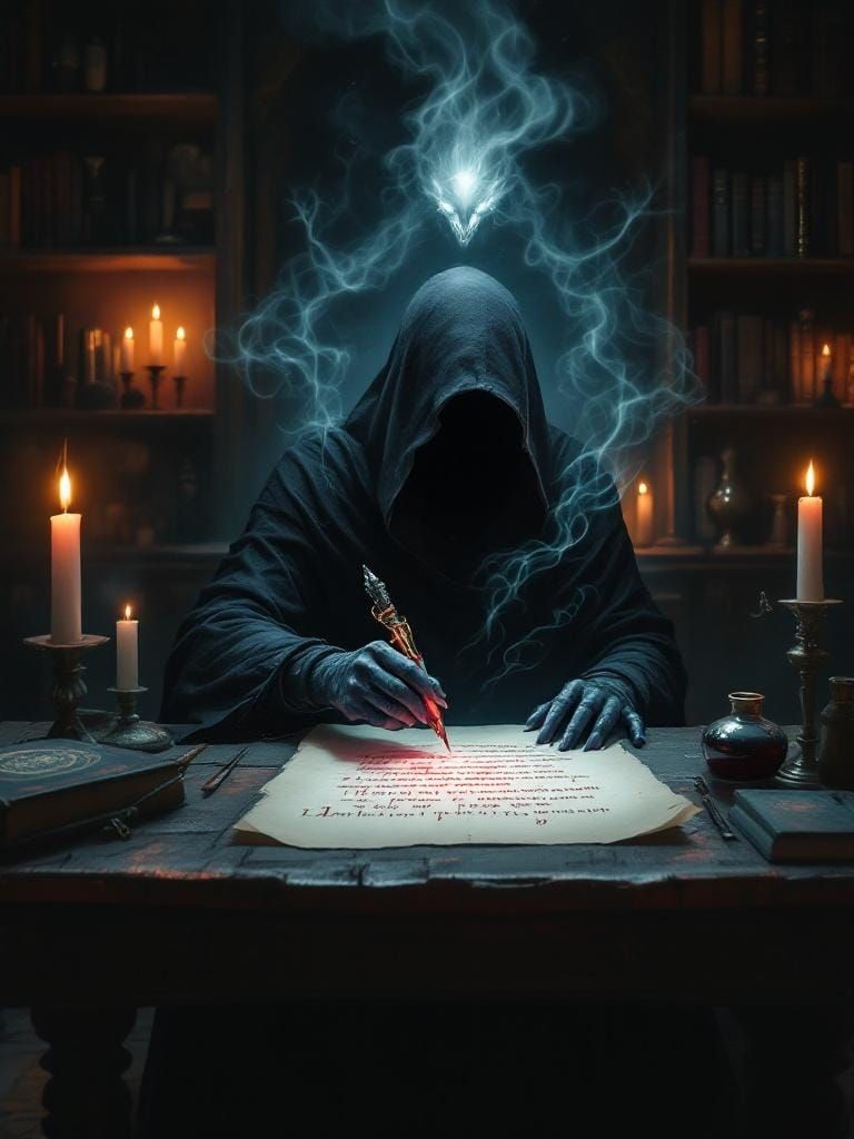 Arcane Ghostwriter in a Dark Fantasy Study