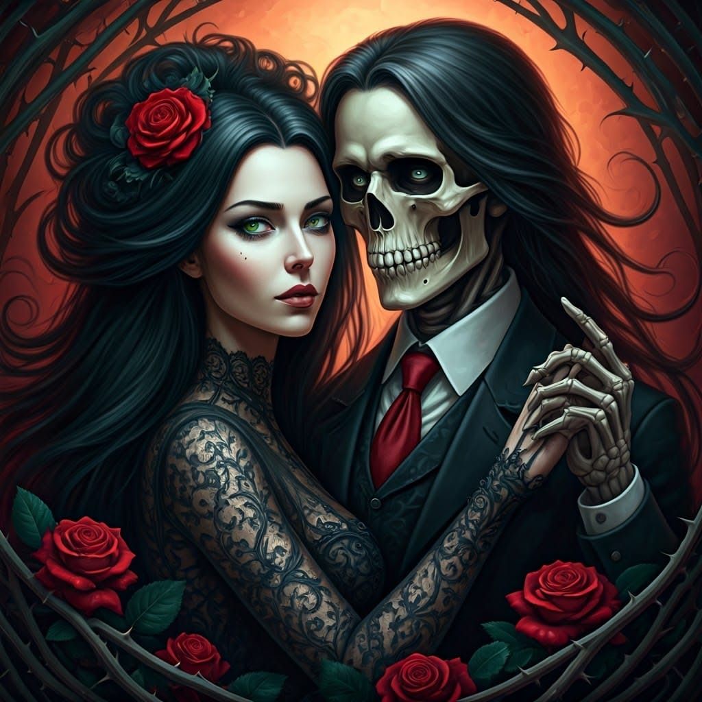 Gothic Waltz: Woman and Skeleton in Dark Embrace