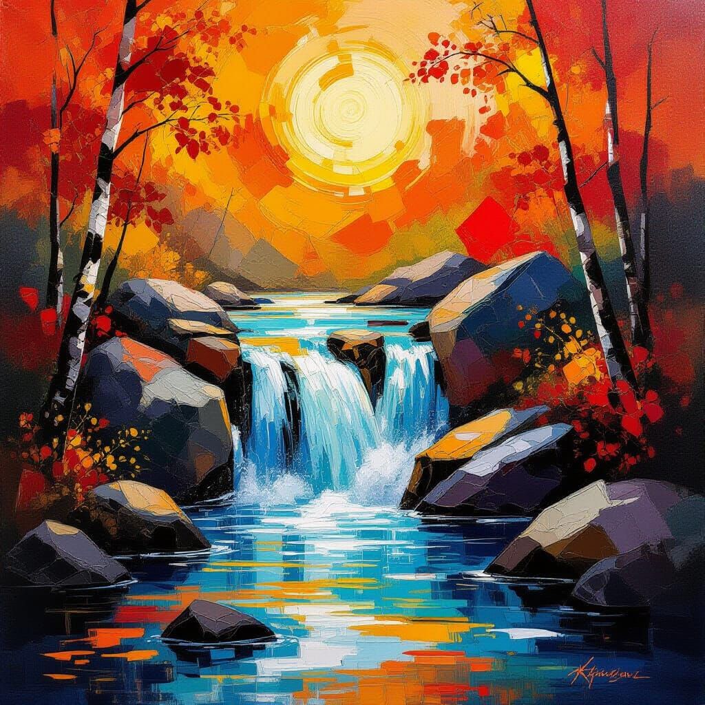 Abstract Autumn Waterfall Fluid Art Painting