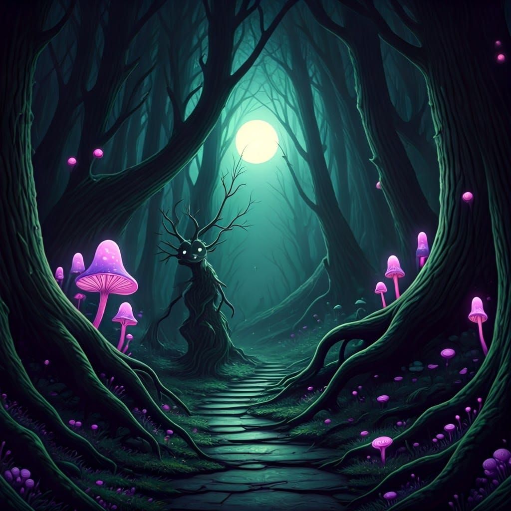 Ethereal Moonlit Forest with Twisted Creatures