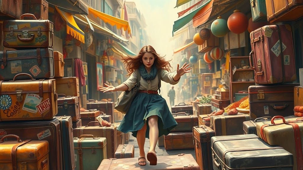 Whimsical Cityscape of Suitcase Wonders in Vibrant Colors