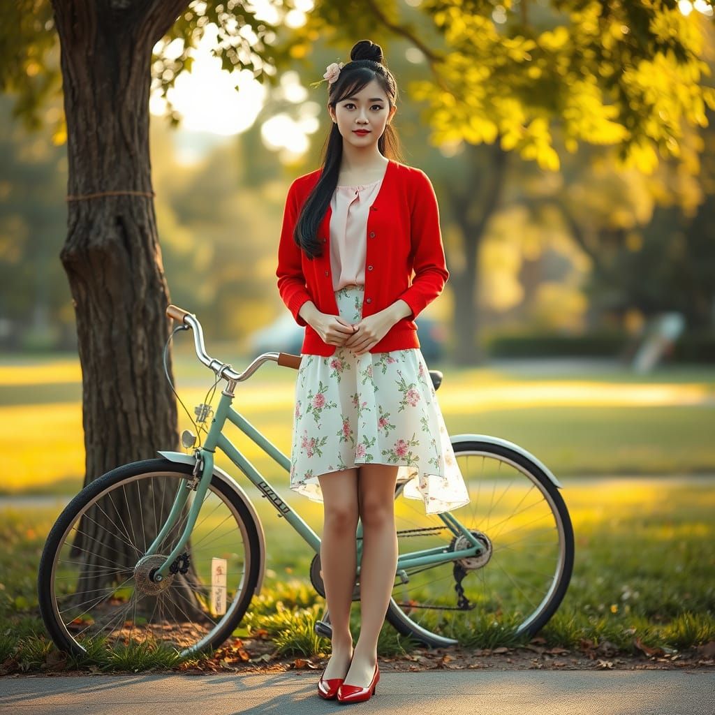Elegant Lady Posed with Bicycle in a Park Scene