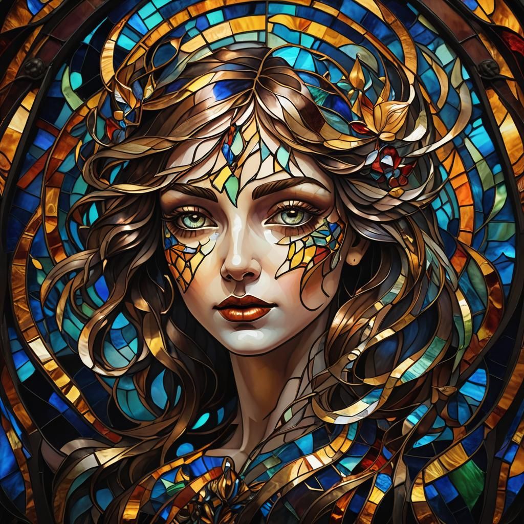 Vibrant Stained Glass Lady in Art Nouveau Style