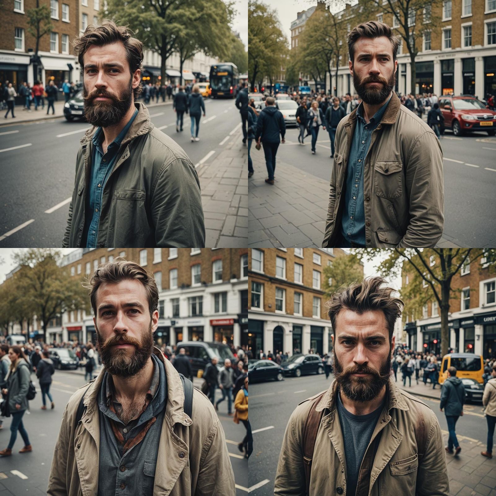 Bearded Man in London Square: Cinematic Portrait