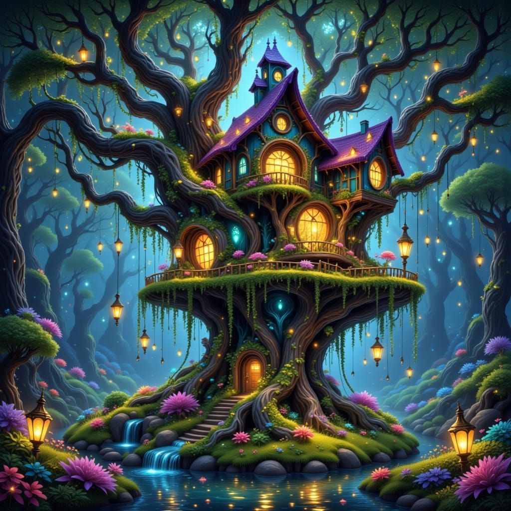 Whimsical Treehouse in Enchanted Forest Clearing