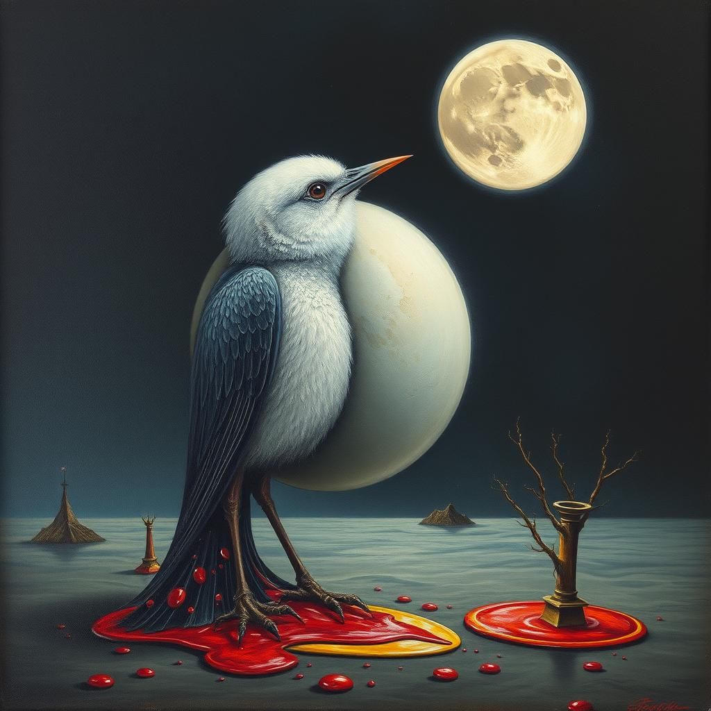 Surreal Bird Consumes Hearts in Dreamscape