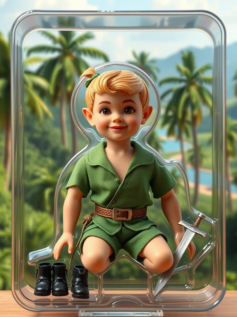 Hyperrealistic Peter Pan Doll in Whimsical Neverland Setting