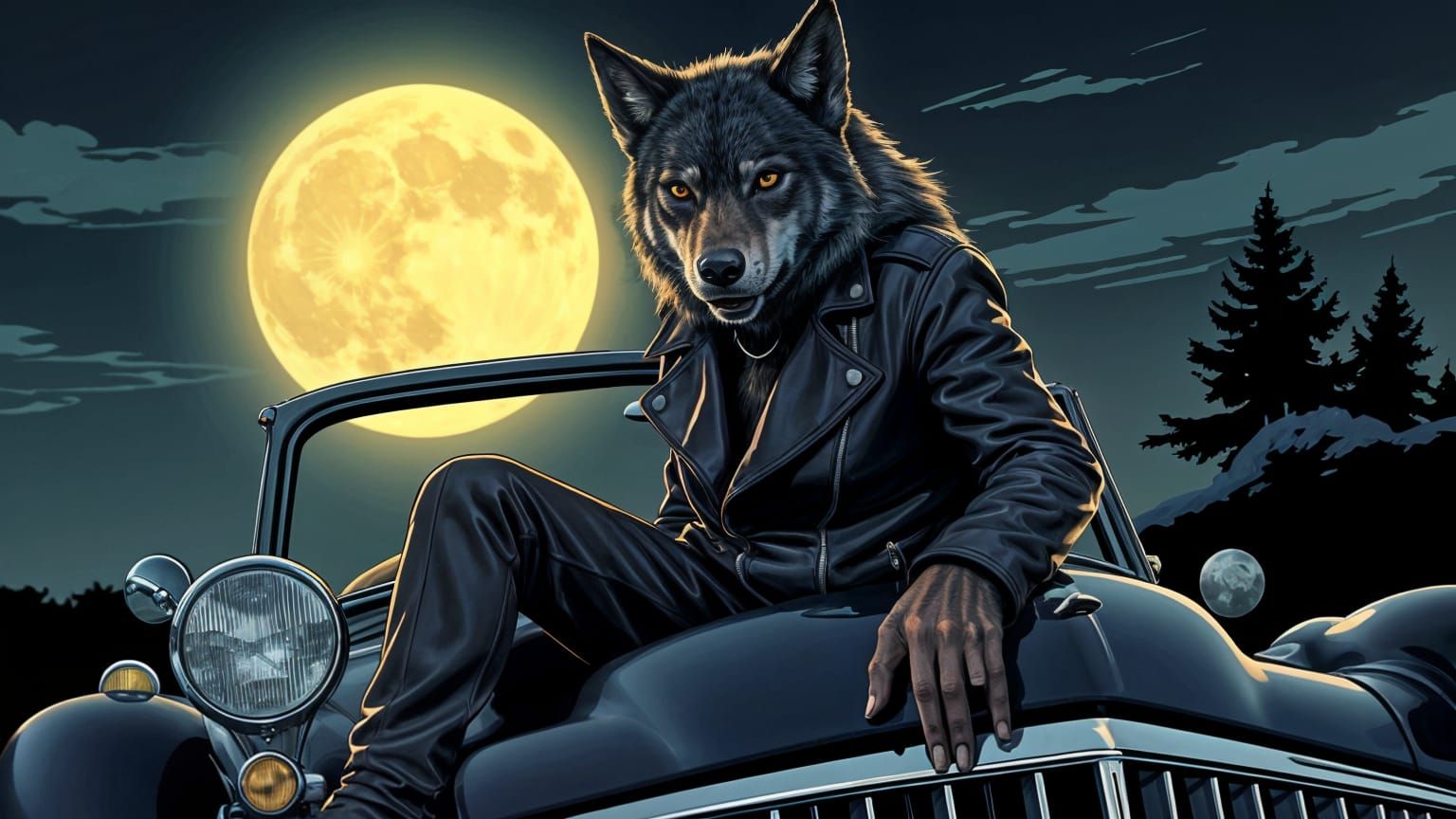 Werewolf on Classic Car in Vargas Style