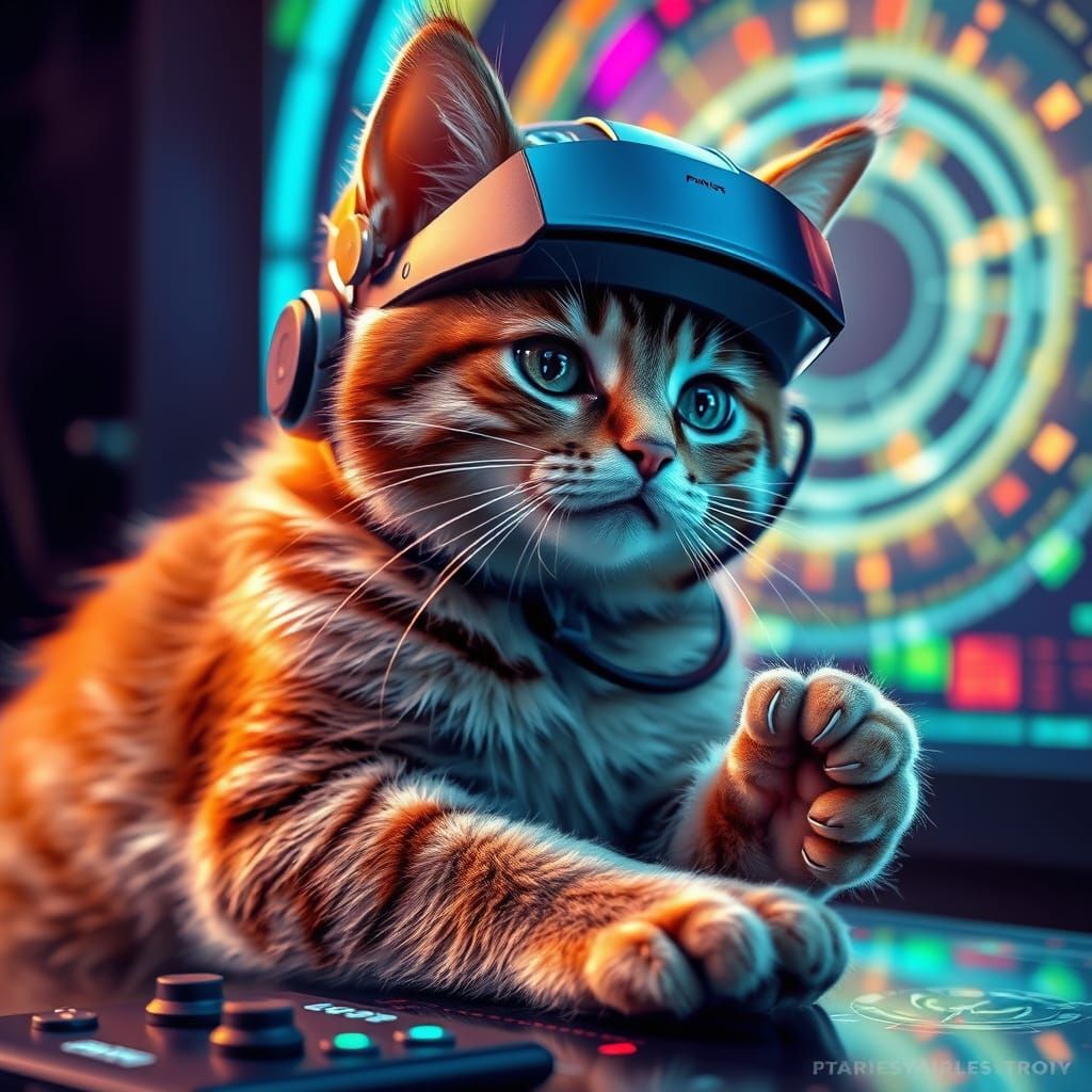 Futuristic Cat at Holographic Interface, Hyperrealistic Art