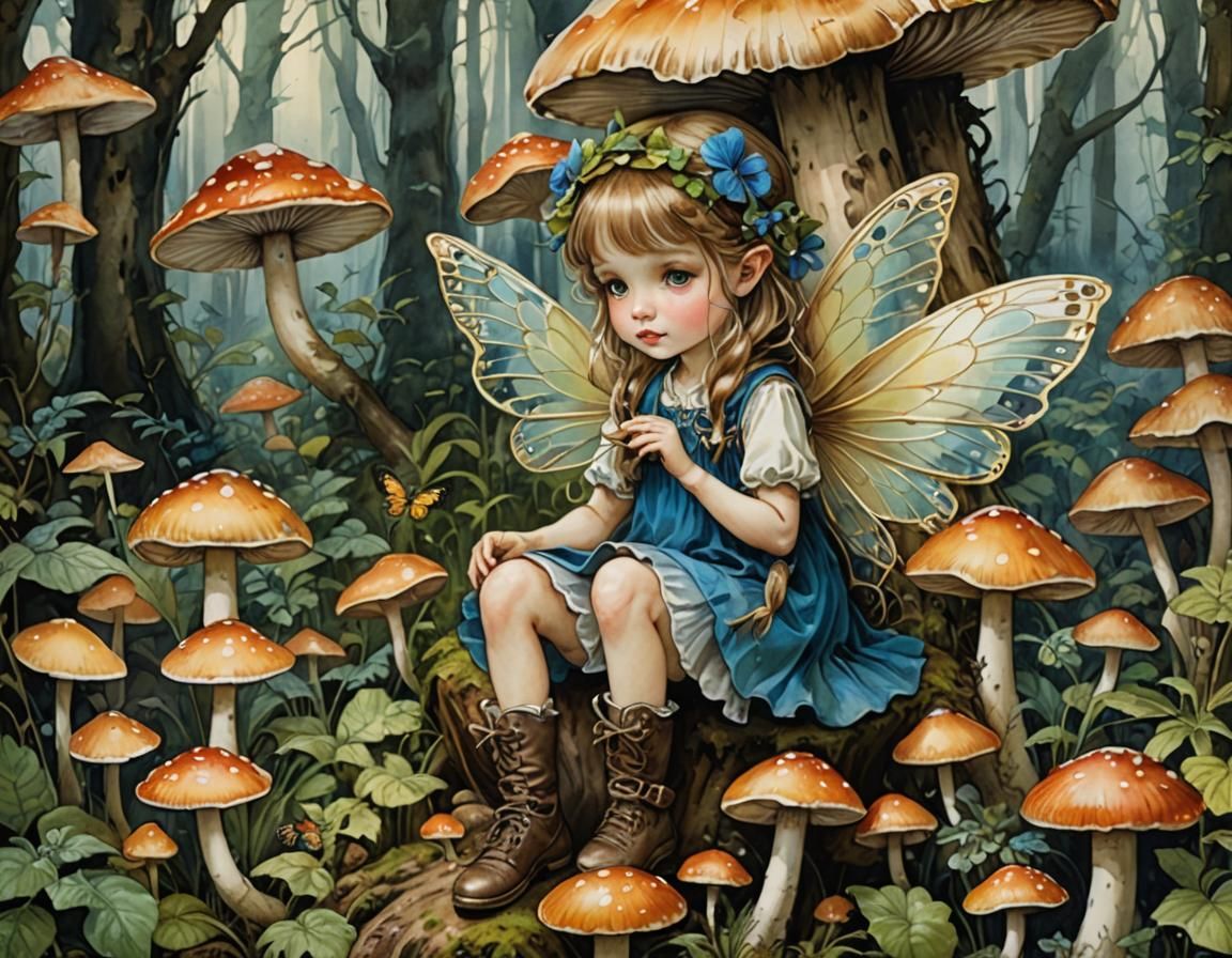 Fairy with Butterfly Wings in Rainy Forest