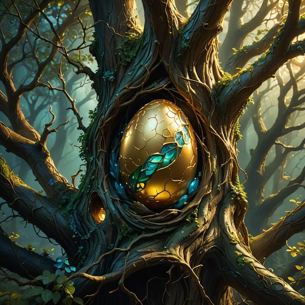 Golden Egg Hatching in Mystical Tree: Fantasy Art