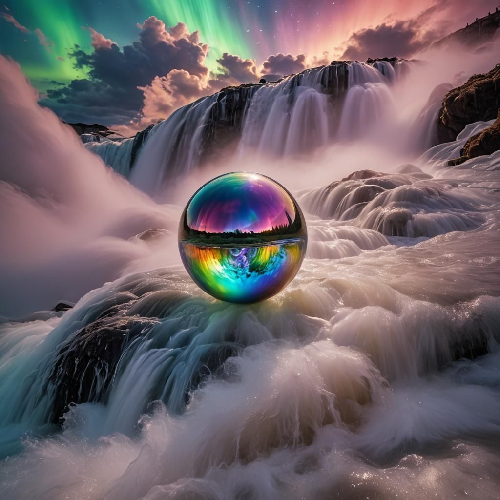 Surreal Iridescent Orb Enclosing Galactic Waterfall