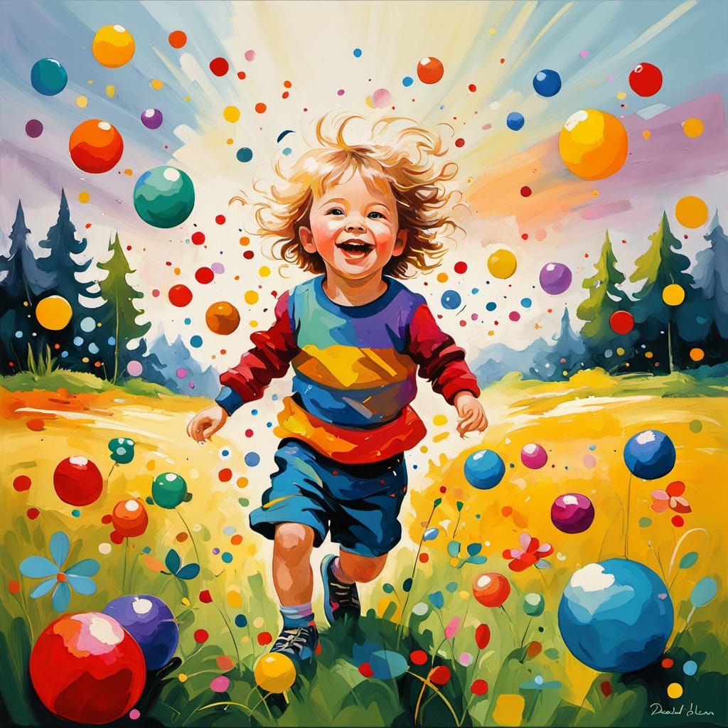 Vibrant Oil Painting of a Happy Child at Play