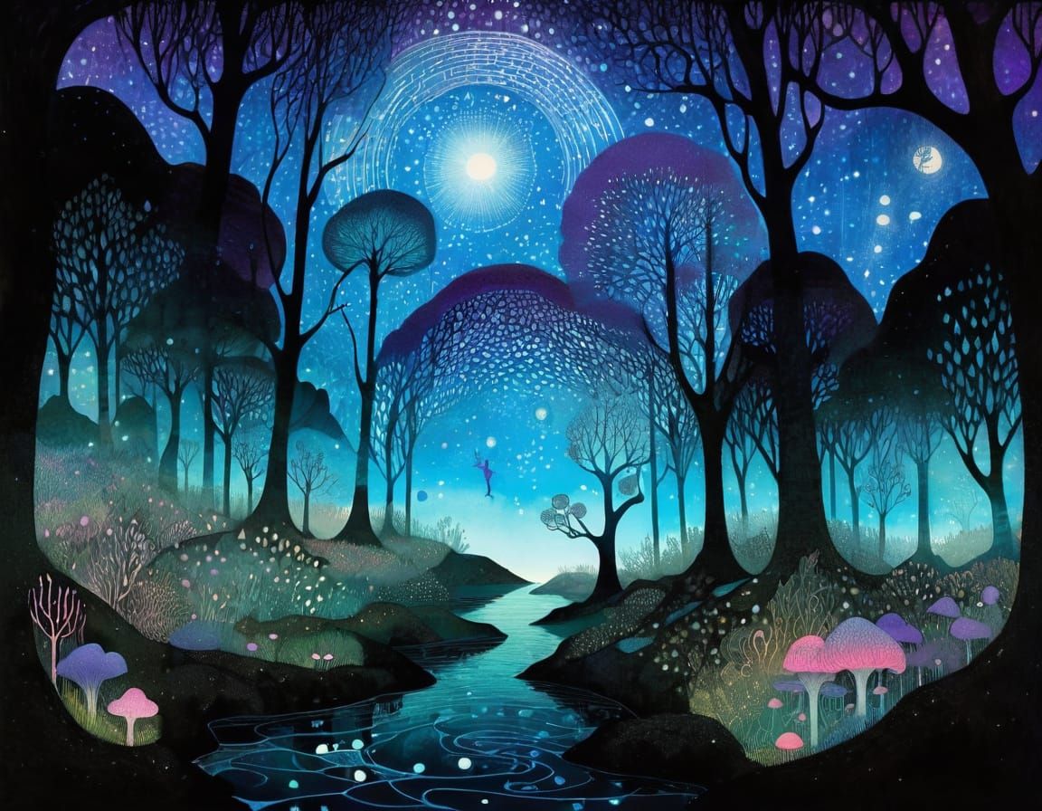 Mysterious Misty Forest Under Starry Cosmic Sky