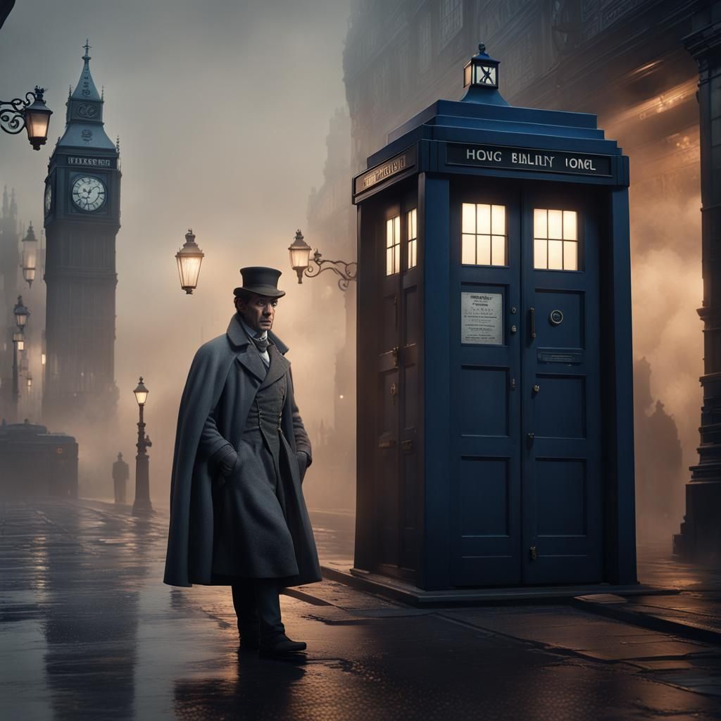 Sherlock Holmes in London with TARDIS, Frazetta Style