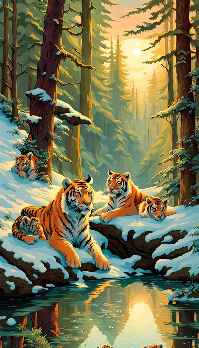 Regal Tiger Family Plays in Winter Wonderland Scene