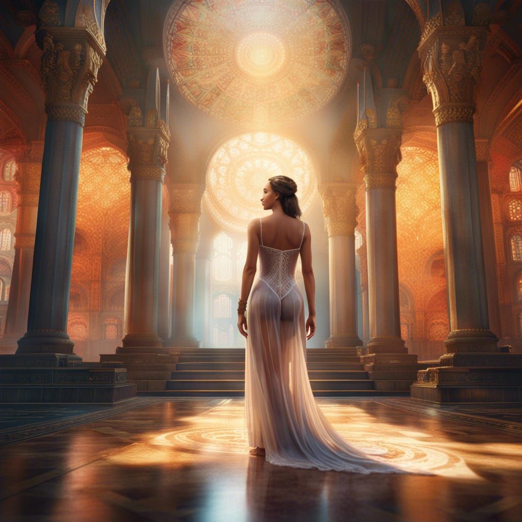 Woman in Temple Hall: Detailed Matte Painting