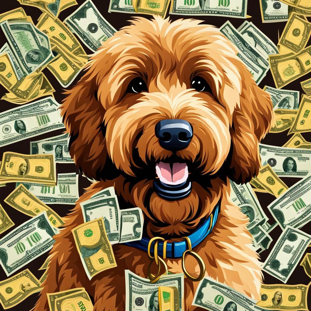 Goldendoodle with Money Against Arrow Background