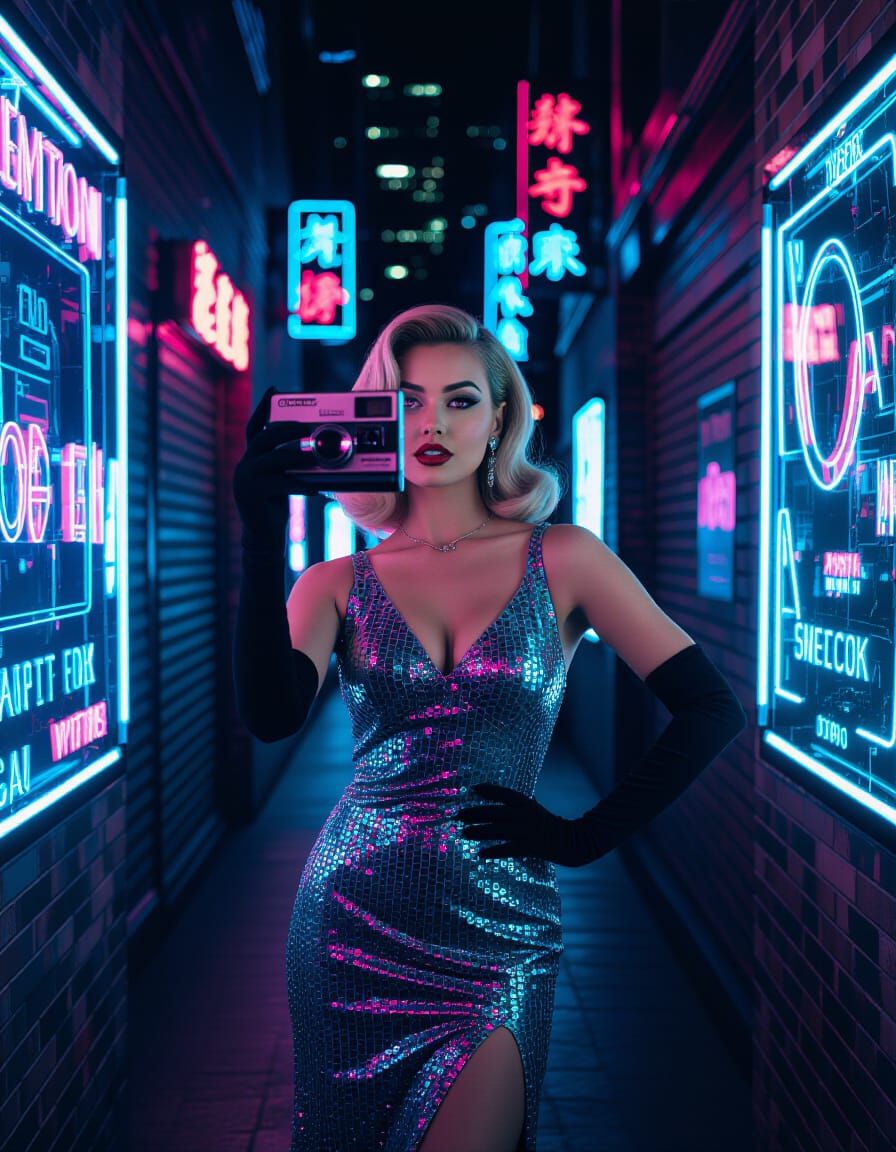 Glamorous Woman Takes Selfie in Neon Cyberpunk Alley