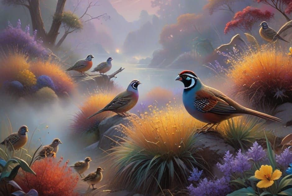 California Quail Family in Mystical Fog