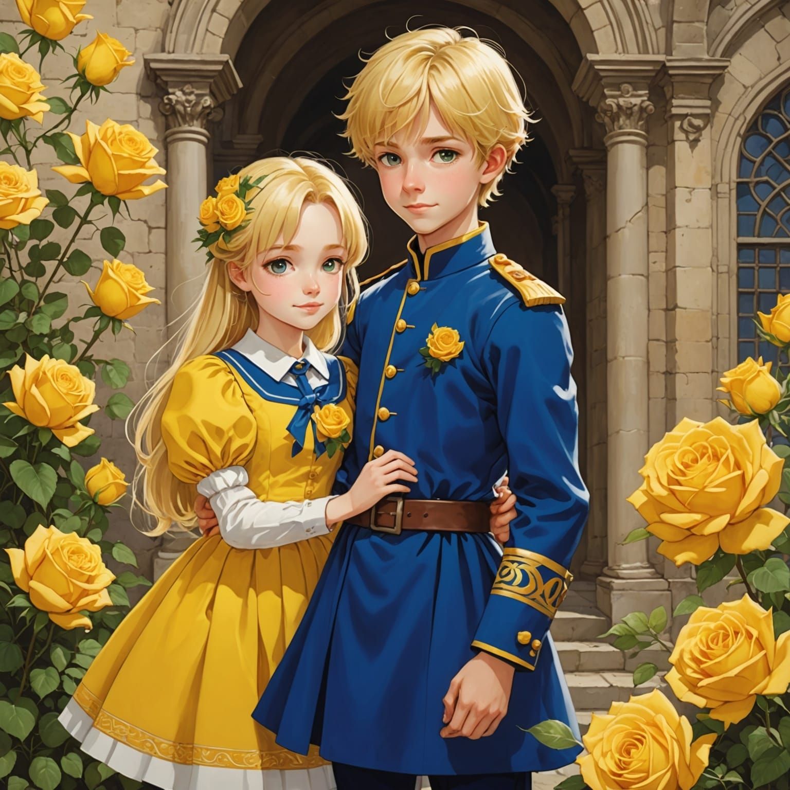 Cheerful Siblings in Yellow Rose Garden, Anime Style
