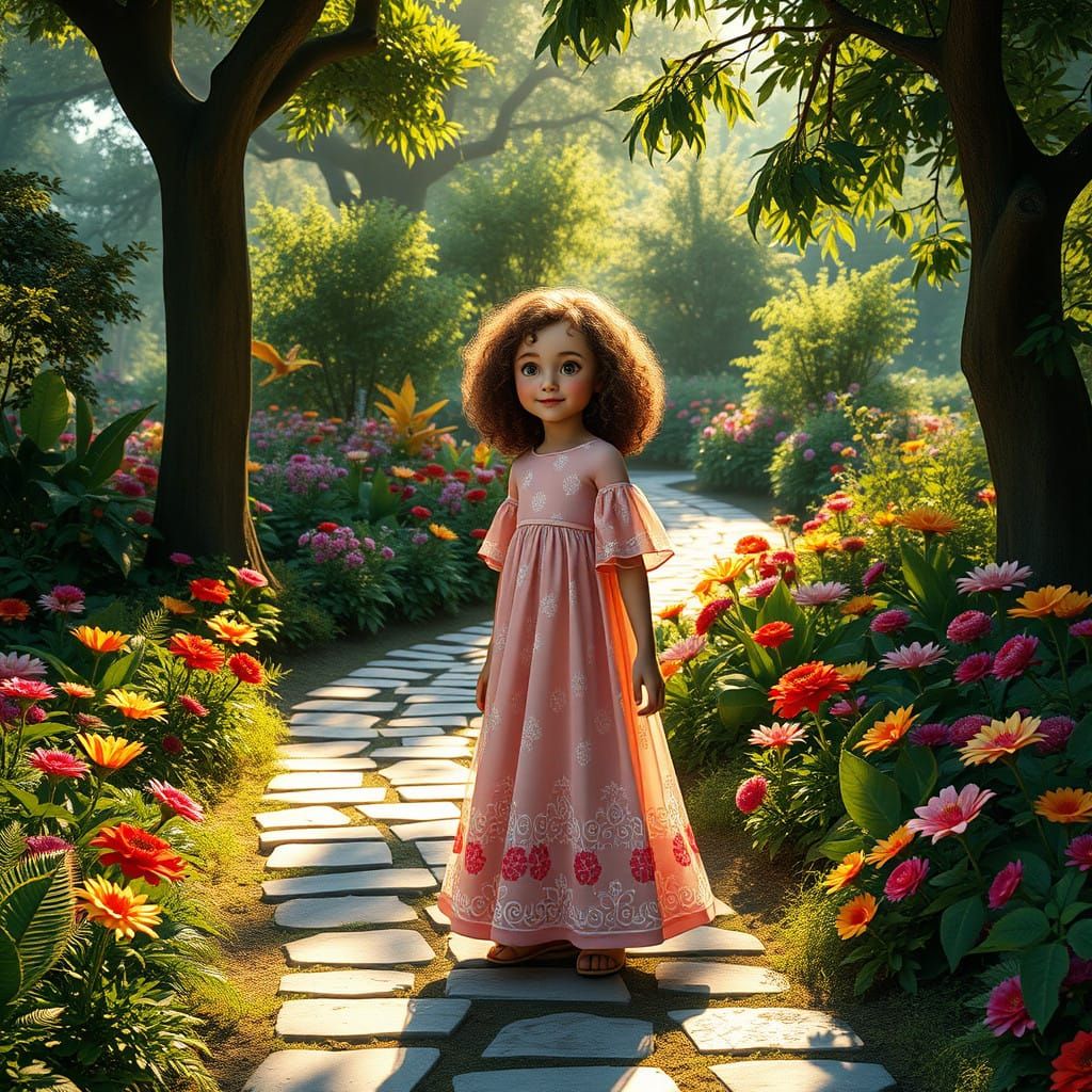 Whimsical Girl in Pastel Garden Wonderland