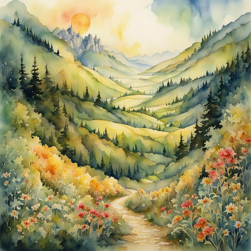 Enchanted Valley Castle: A Rackham-esque Watercolor