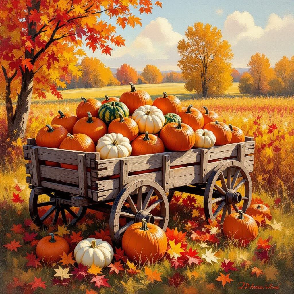 Bountiful Autumn Harvest Scene in Rustic Oil Painting Style