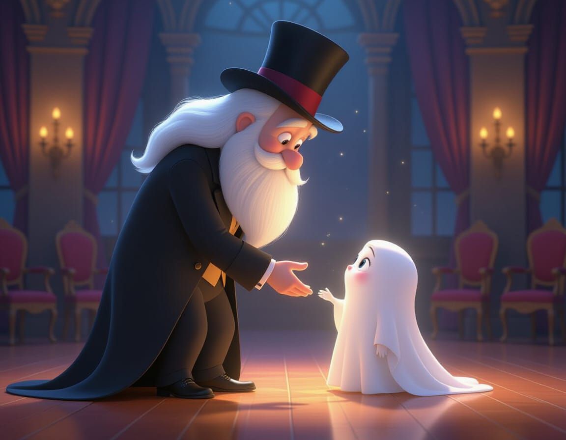 Kind Ghost Offers Hand to Child Ghost for New Year's Dance