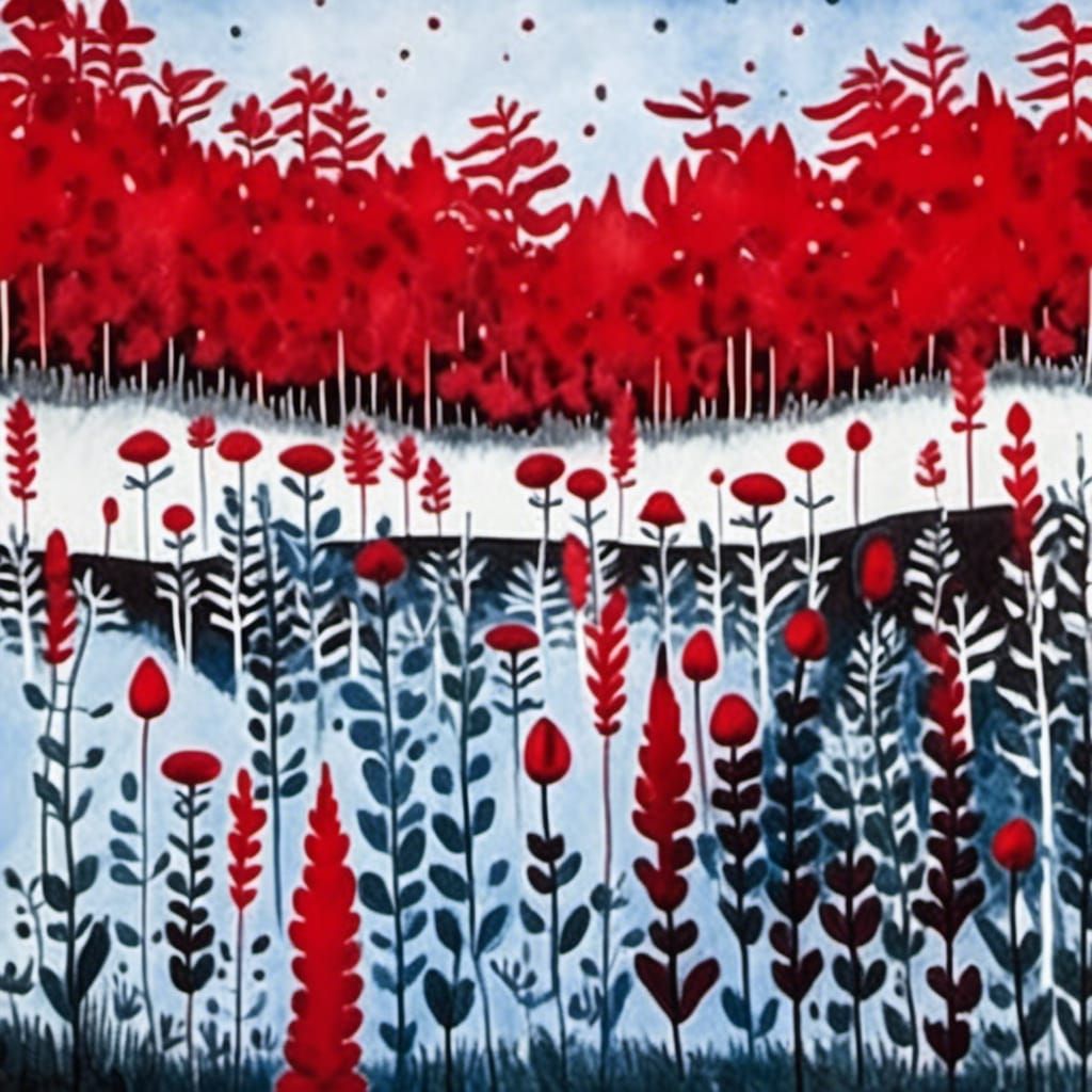 Crimson Forest Menagerie in Gouache Watercolor Style