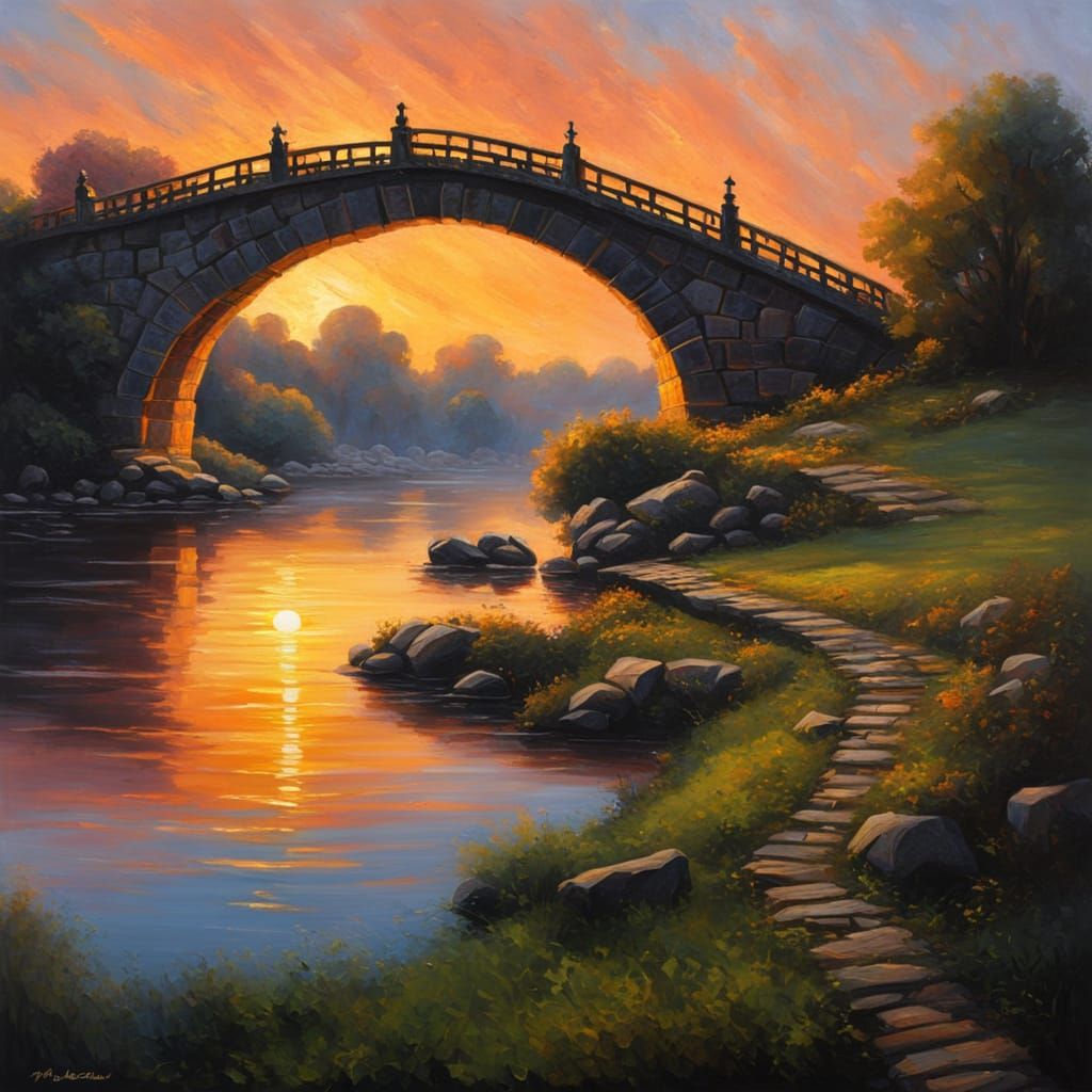 Medieval Bridge Reflecting Sunrise in Chiaroscuro Oil Painti...