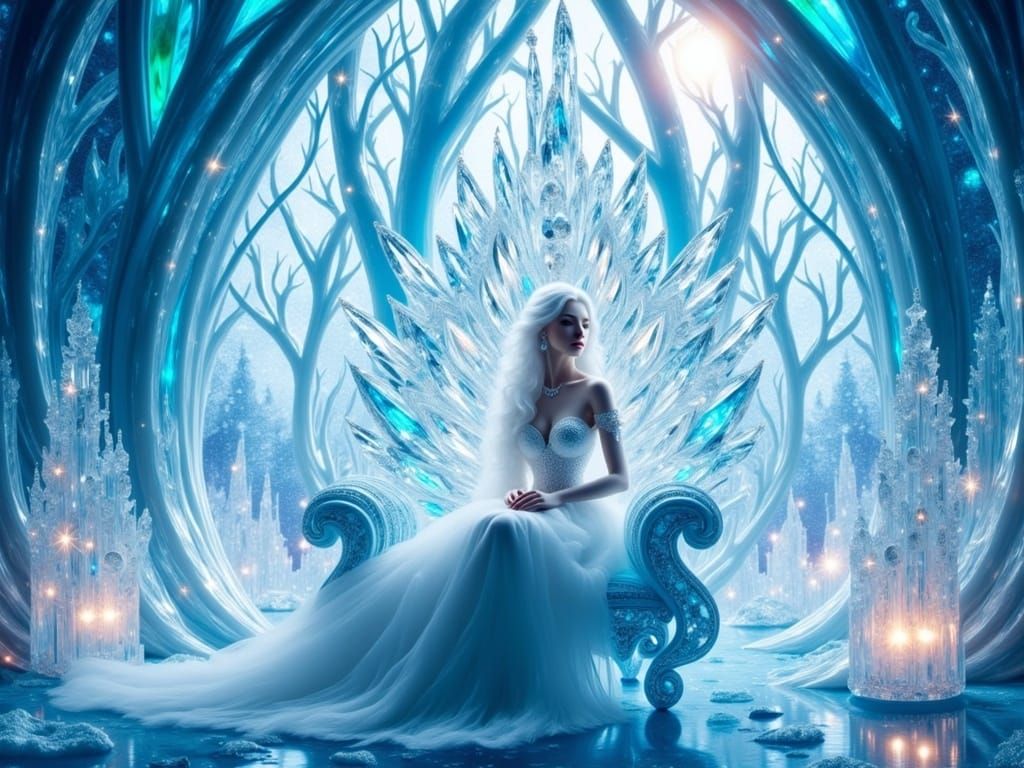 Ice Princess on Crystalline Throne with Aurora Borealis