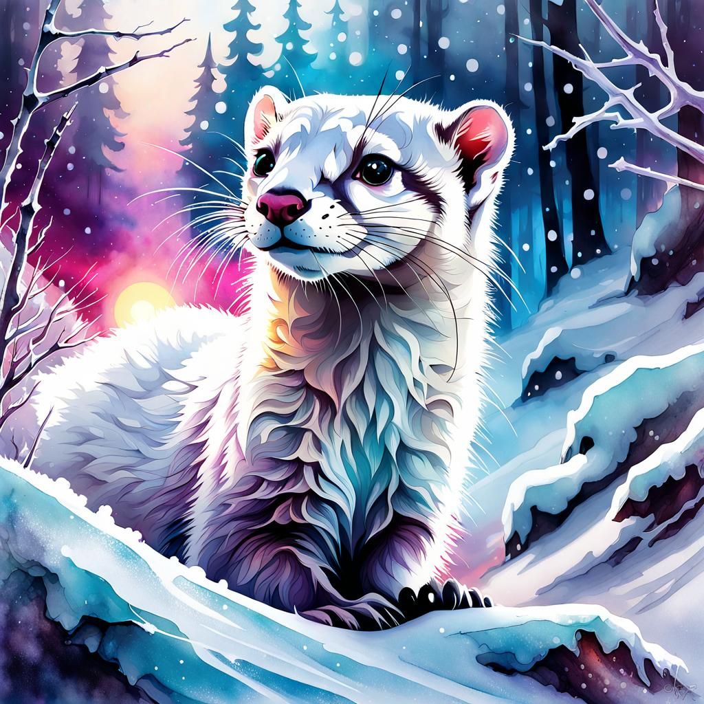Icy Winter Weasel in Snowy Forest Illustration