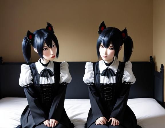Gothic Kitsune Twins Kissing in Bedroom