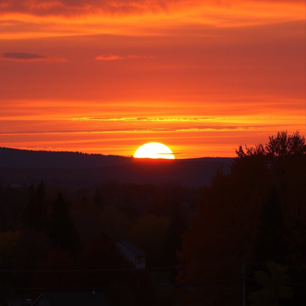Fiery Autumn Sunset Over New England Town