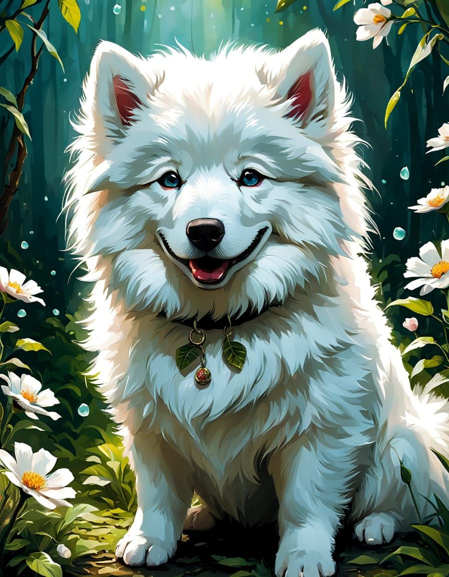 Cute Baby Samoyed in Vibrant Floral Spring Digital Art