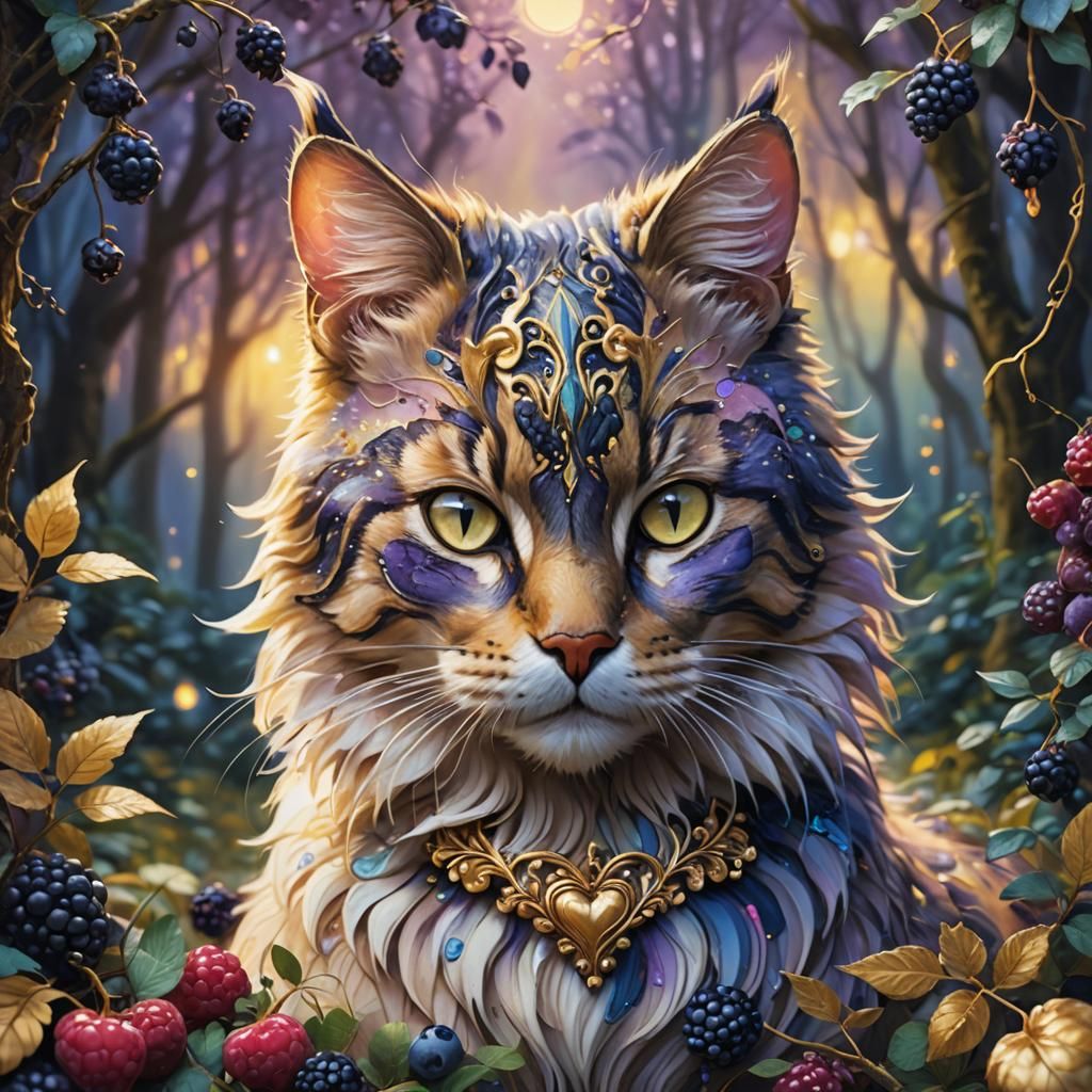 Majestic Cat Portrait in Mystical Forest Concept Art