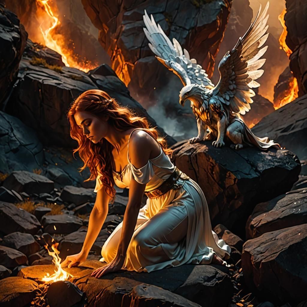 Female Angel Kneeling in Prayer on Fire Rock