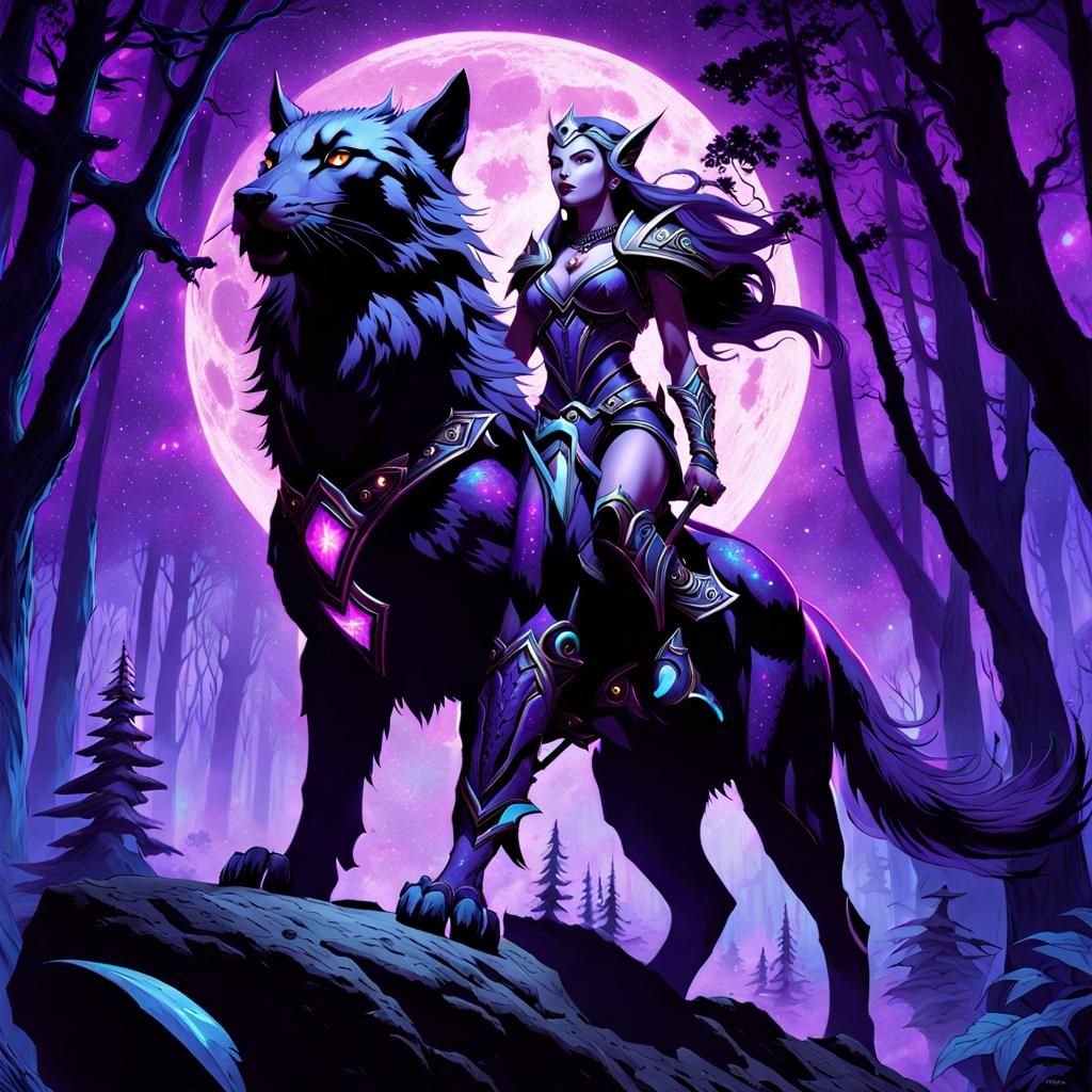 Night Elf Rides Light Creature in Bioluminescent Forest