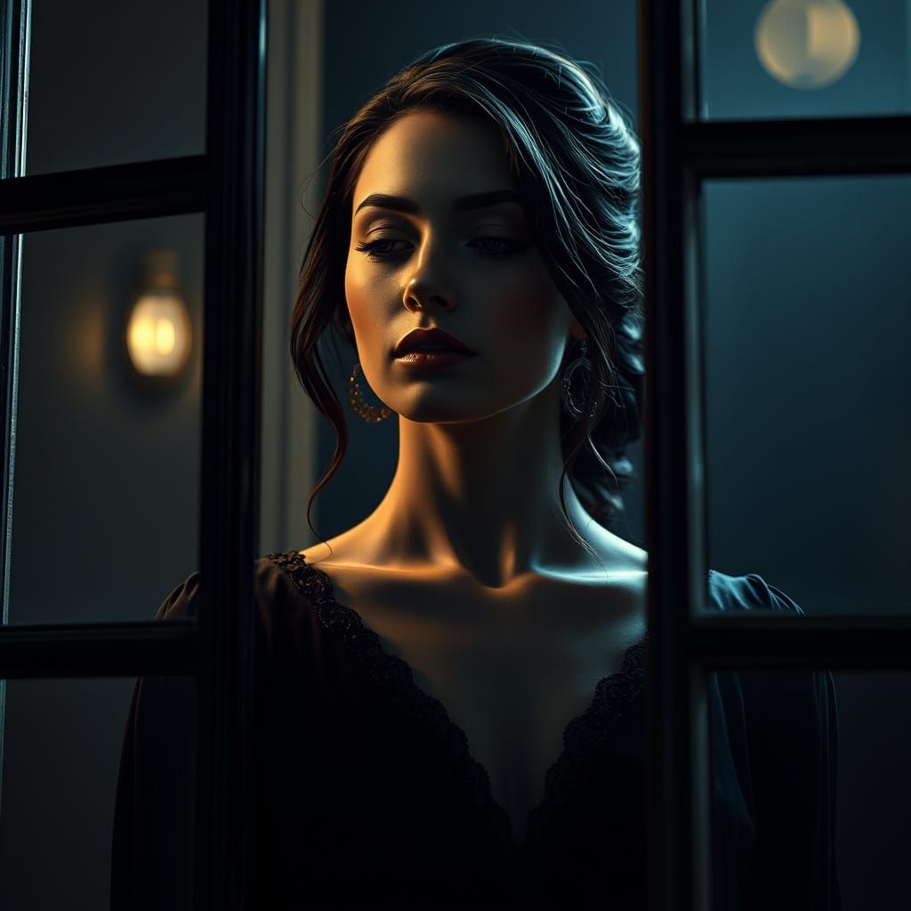Elegant Woman with Sullen Expression in Dramatic Lighting