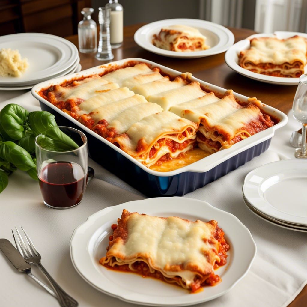 Cheesy Lasagna Tray at Dinner Table