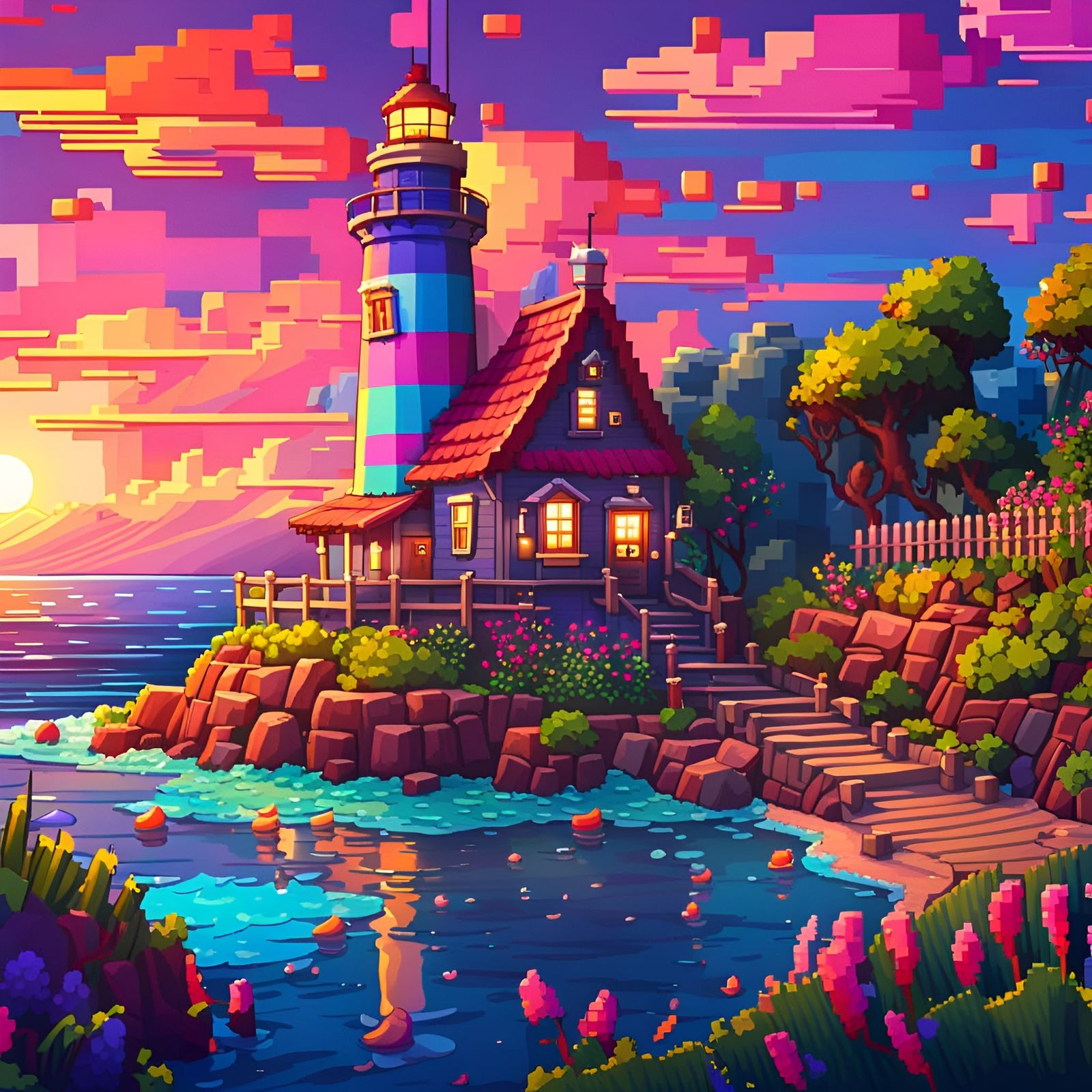 Whimsical Pixel Art Lighthouse Cottage at Sunset